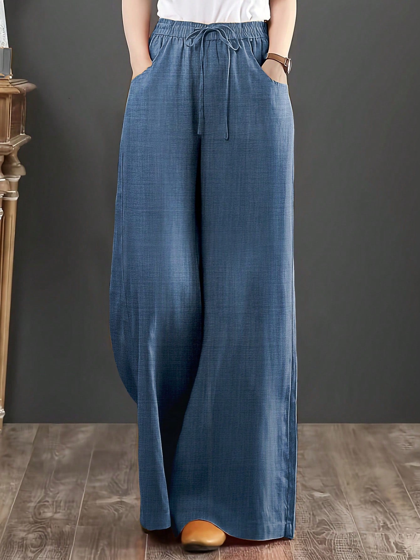 Loose Fit Women's Denim Effect Color Wide Leg Pants, Casual Long Pants With Drawstring Pockets, Creating Comfortable Everyday Look