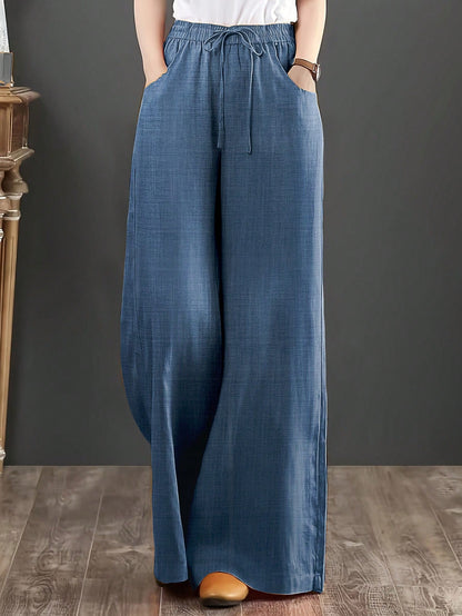 Loose Fit Women's Denim Effect Color Wide Leg Pants, Casual Long Pants With Drawstring Pockets, Creating Comfortable Everyday Look