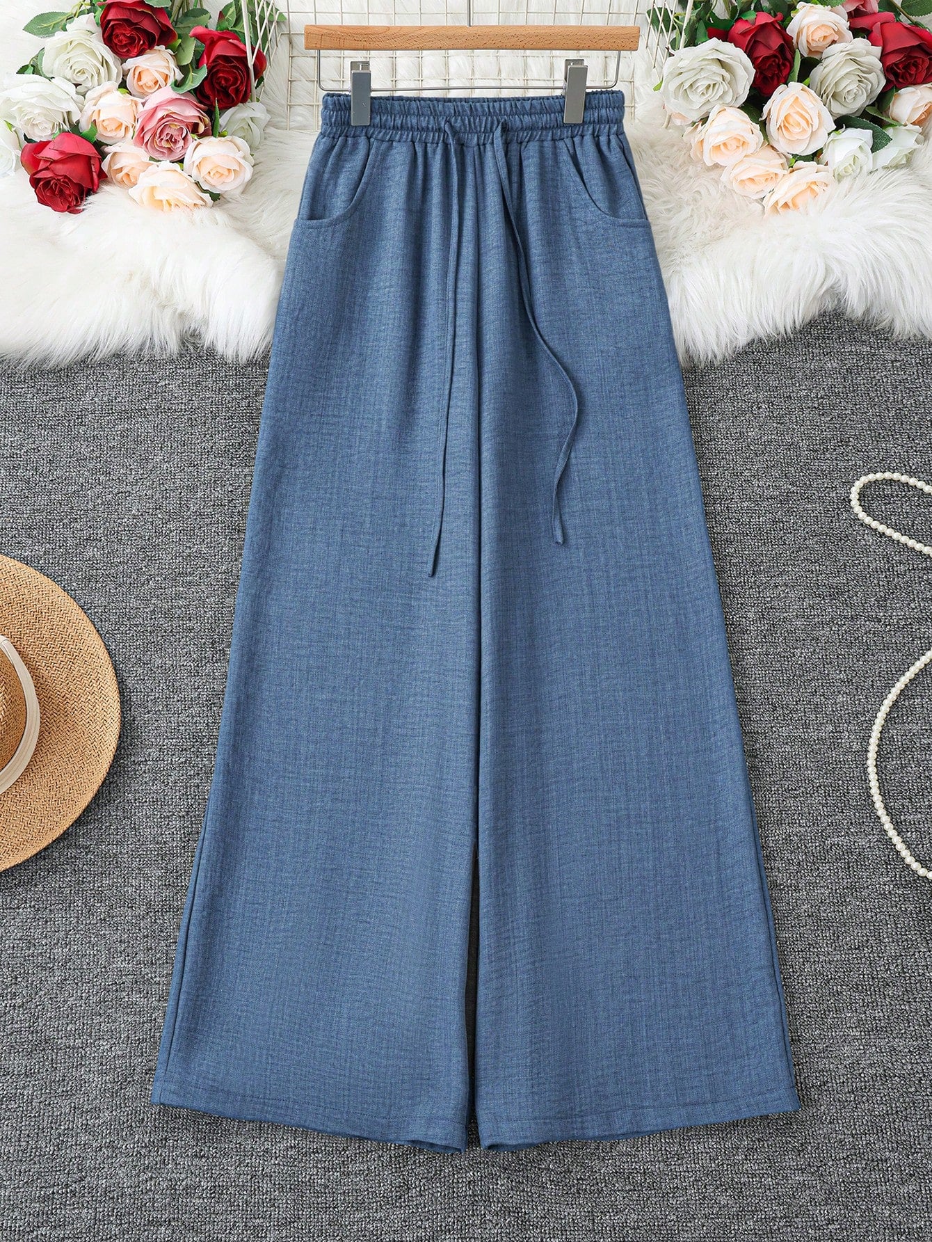 Loose Fit Women's Denim Effect Color Wide Leg Pants, Casual Long Pants With Drawstring Pockets, Creating Comfortable Everyday Look