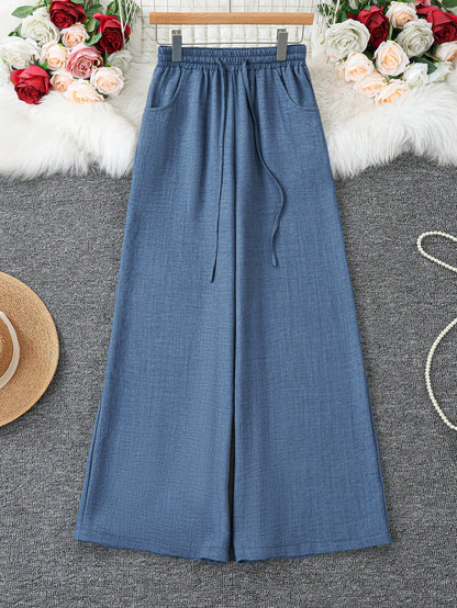 Loose Fit Women's Denim Effect Color Wide Leg Pants, Casual Long Pants With Drawstring Pockets, Creating Comfortable Everyday Look