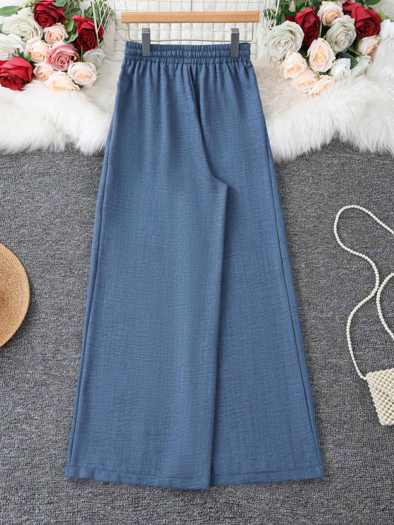 Loose Fit Women's Denim Effect Color Wide Leg Pants, Casual Long Pants With Drawstring Pockets, Creating Comfortable Everyday Look