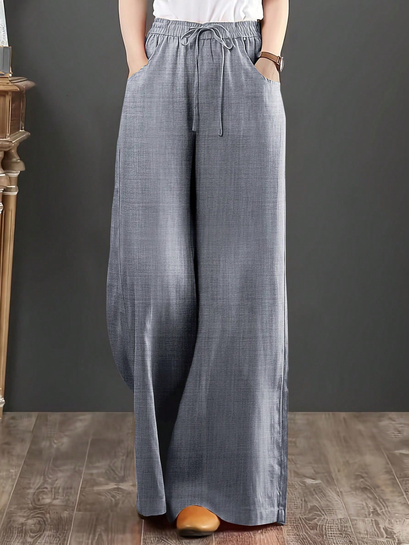 Loose Fit Women's Denim Effect Color Wide Leg Pants, Casual Long Pants With Drawstring Pockets, Creating Comfortable Everyday Look