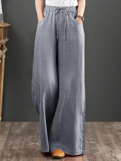 Loose Fit Women's Denim Effect Color Wide Leg Pants, Casual Long Pants With Drawstring Pockets, Creating Comfortable Everyday Look
