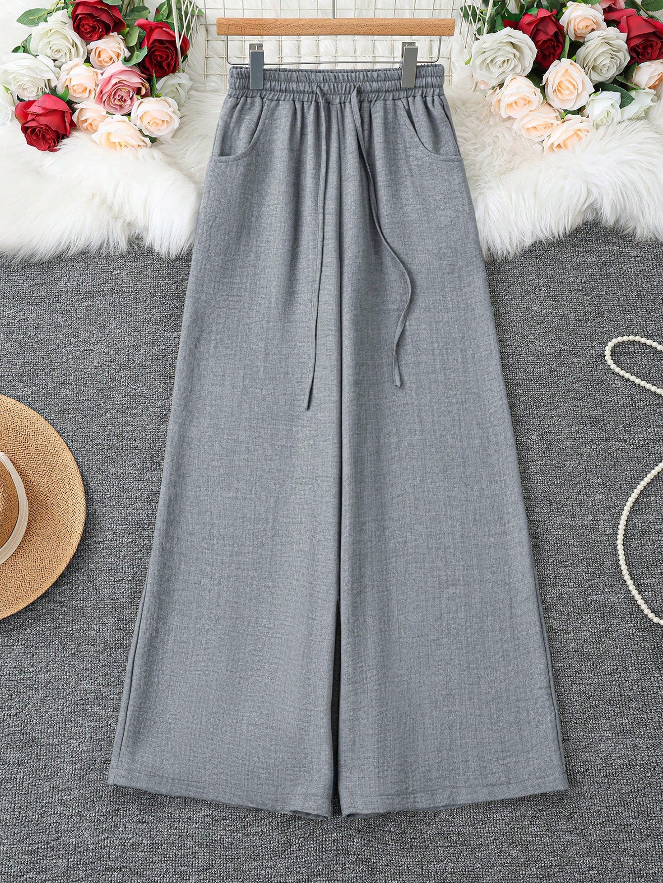 Loose Fit Women's Denim Effect Color Wide Leg Pants, Casual Long Pants With Drawstring Pockets, Creating Comfortable Everyday Look