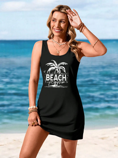 LUNE Casual Sexy Minimalist Palm Tree Beach Vacation Sleeveless Dress, Suitable For Summer Spring,Vacation Black And White