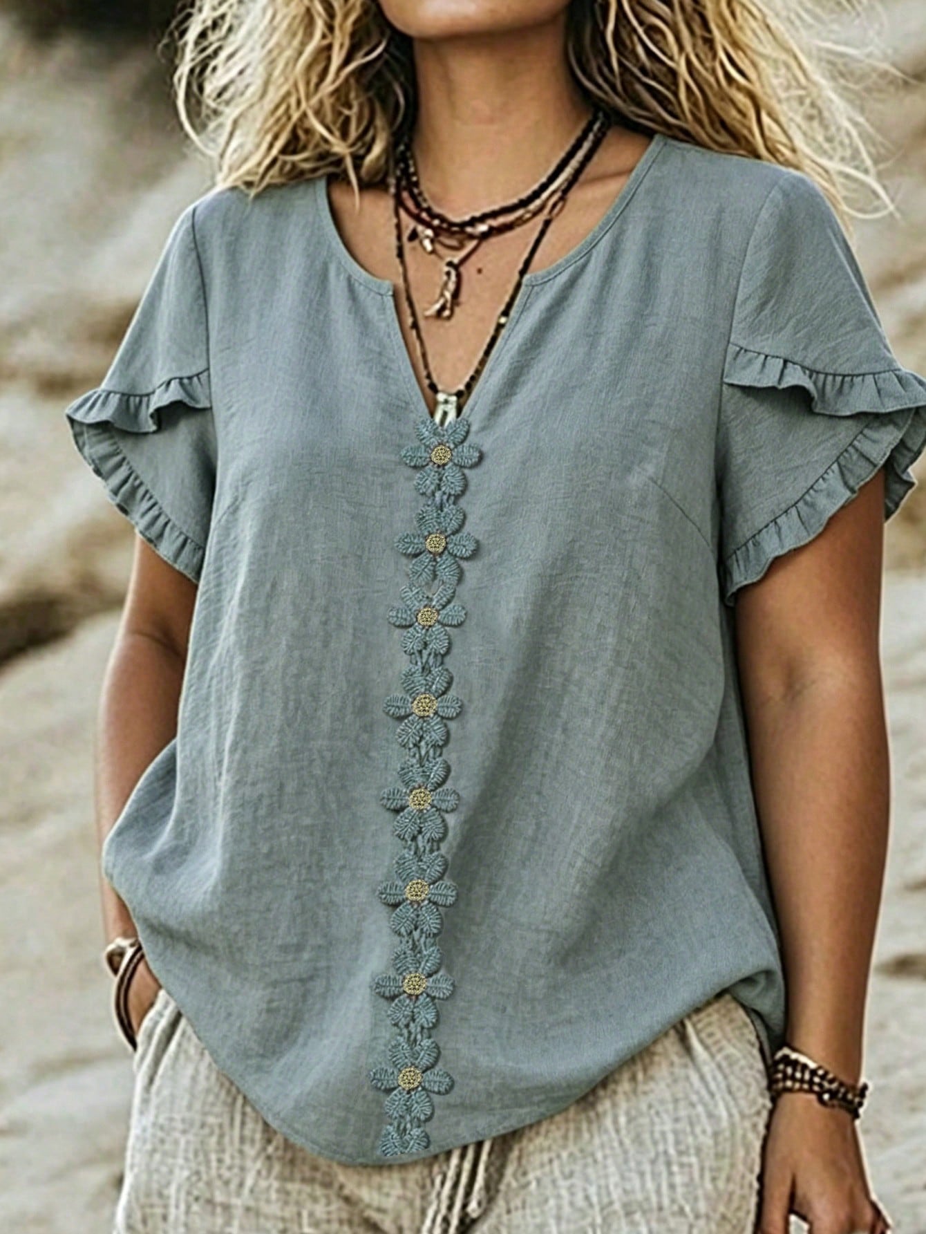LUNE CURVE Plus Size Woven Casual Boho Resort Daily Vacation Commuting And Office Wear Summer Women's Shirt Dusty Blue