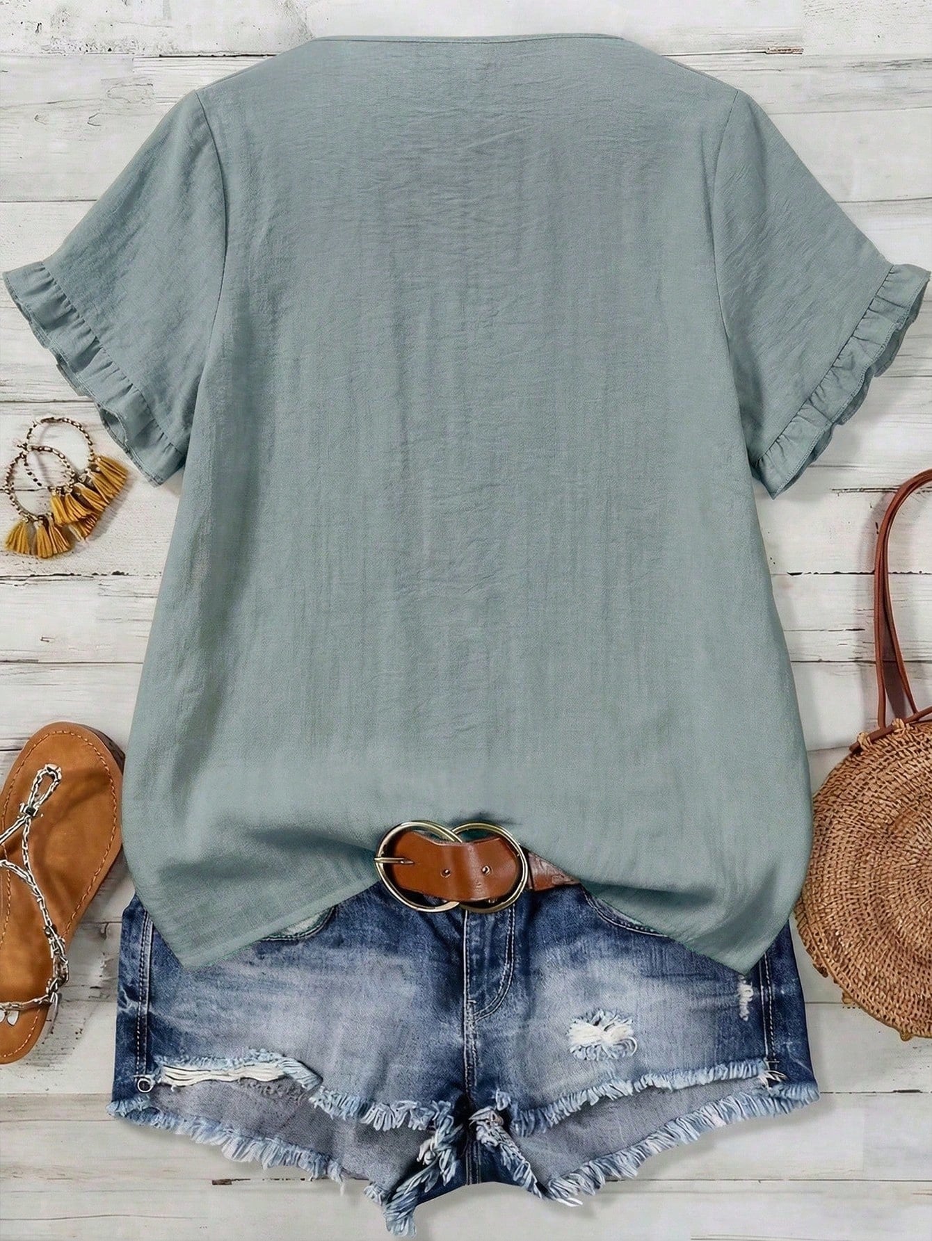 LUNE CURVE Plus Size Woven Casual Boho Resort Daily Vacation Commuting And Office Wear Summer Women's Shirt Dusty Blue