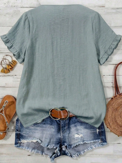 LUNE CURVE Plus Size Woven Casual Boho Resort Daily Vacation Commuting And Office Wear Summer Women's Shirt Dusty Blue