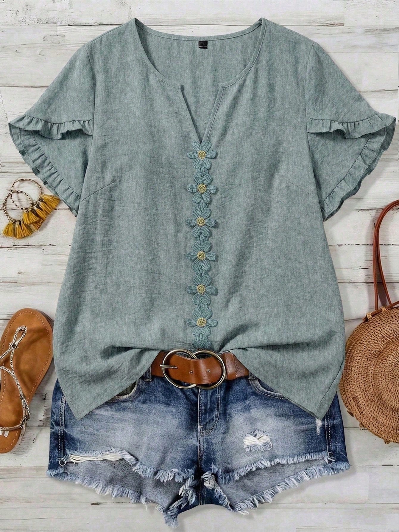 LUNE CURVE Plus Size Woven Casual Boho Resort Daily Vacation Commuting And Office Wear Summer Women's Shirt Dusty Blue