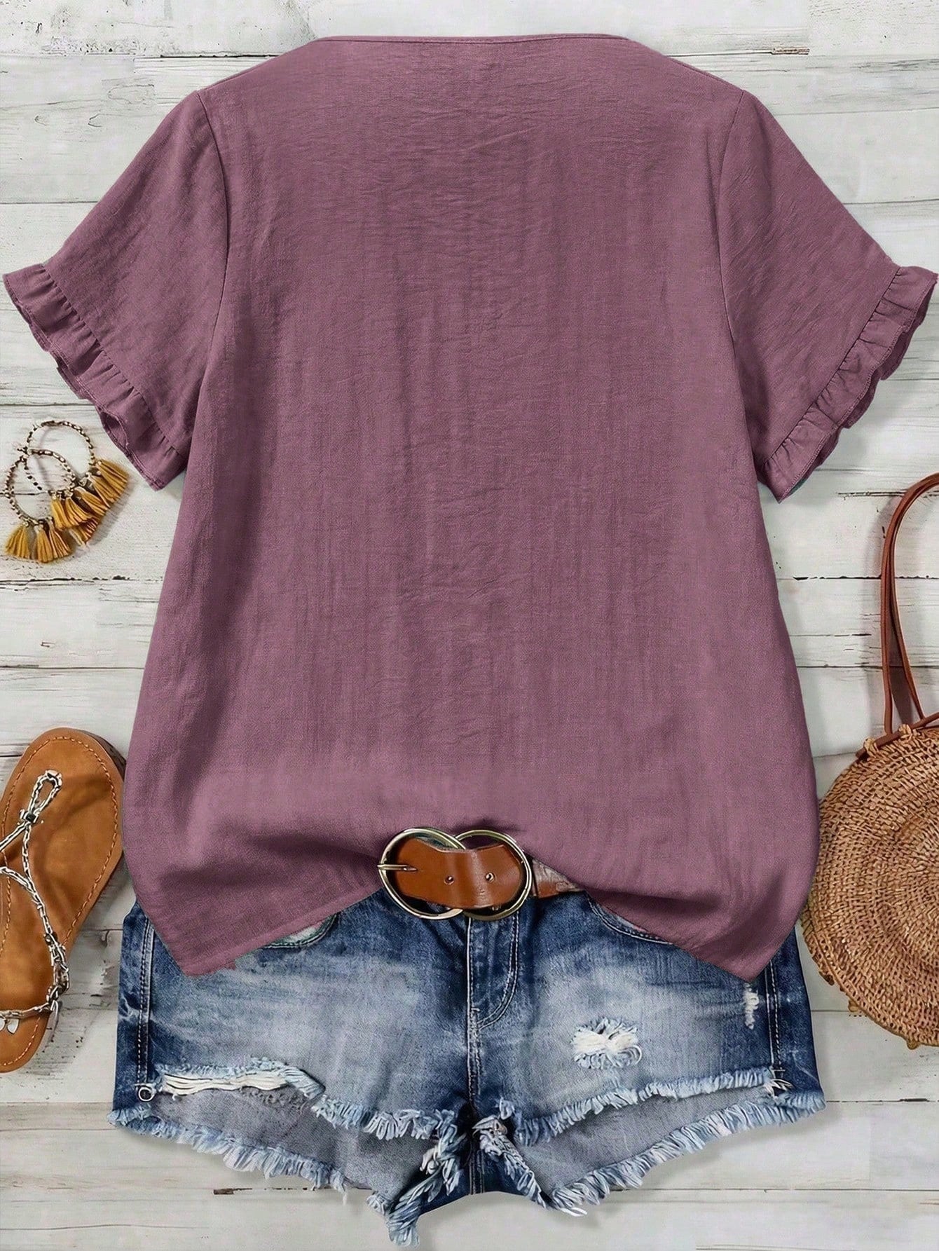 LUNE CURVE Plus Size Woven Casual Boho Resort Daily Vacation Commuting And Office Wear Summer Women's Shirt Dusty Blue