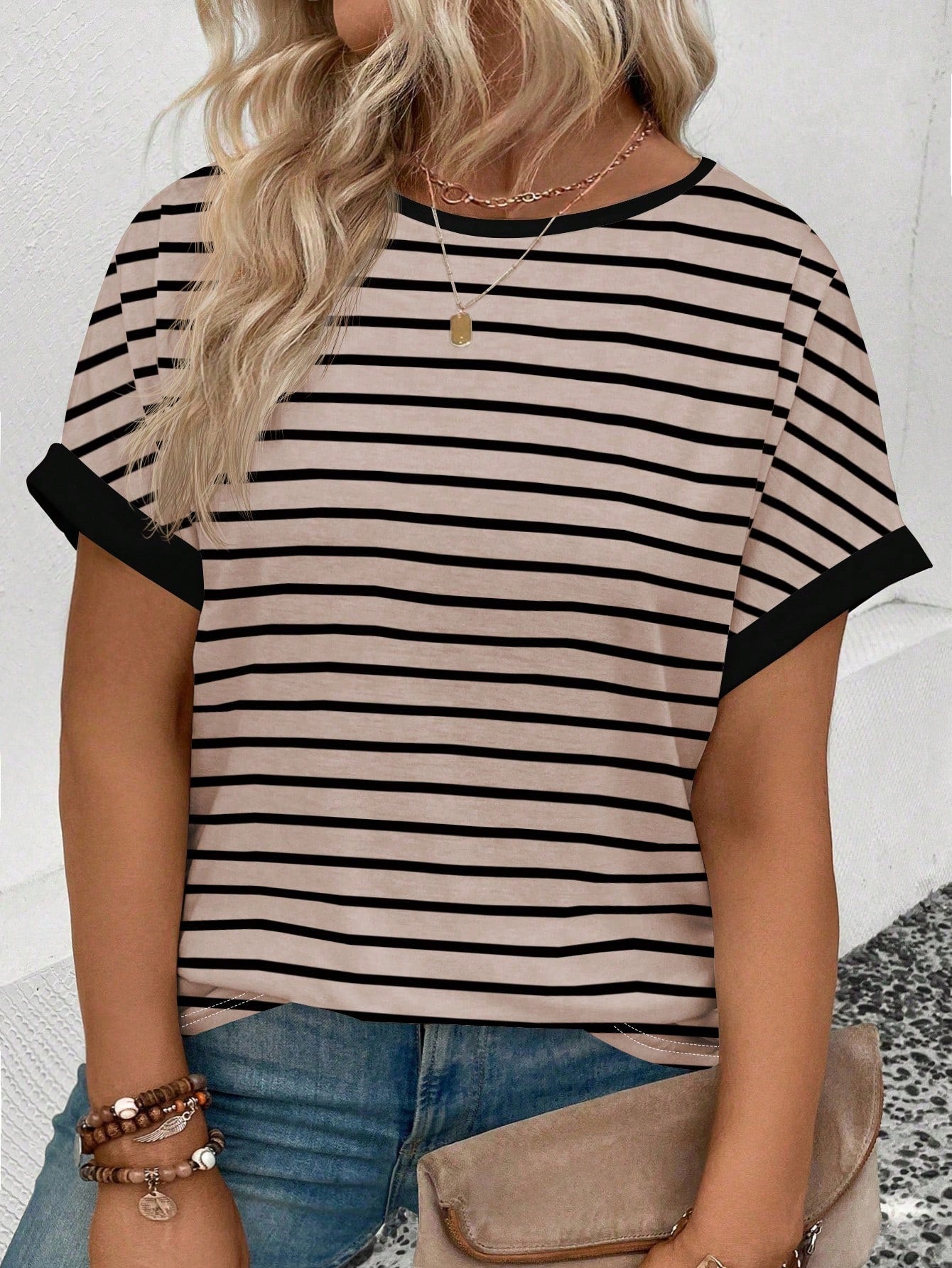 LUNE CURVE Women Plus Size Round Neck Short Sleeve Striped Print Casual T-Shirt, Spring/Summer