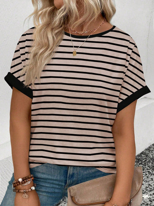 LUNE CURVE Women Plus Size Round Neck Short Sleeve Striped Print Casual T-Shirt, Spring/Summer