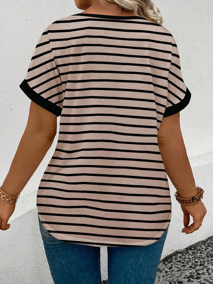LUNE CURVE Women Plus Size Round Neck Short Sleeve Striped Print Casual T-Shirt, Spring/Summer