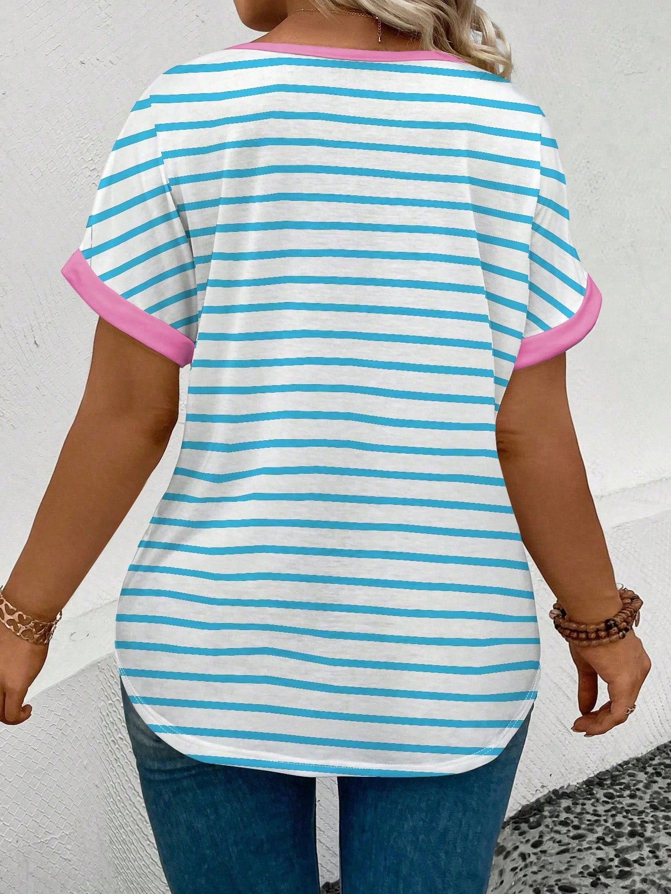 LUNE CURVE Women Plus Size Round Neck Short Sleeve Striped Print Casual T-Shirt, Spring/Summer