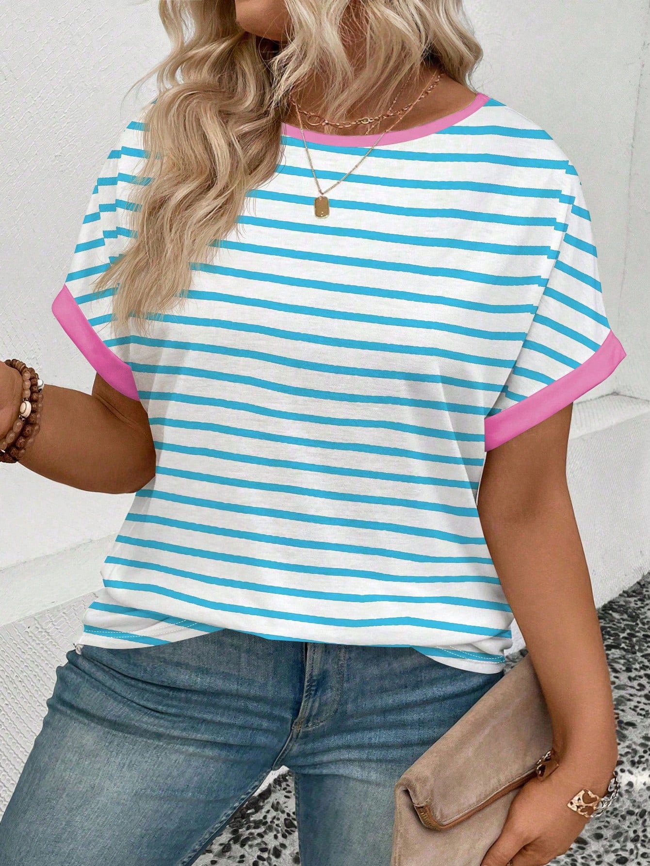 LUNE CURVE Women Plus Size Round Neck Short Sleeve Striped Print Casual T-Shirt, Spring/Summer