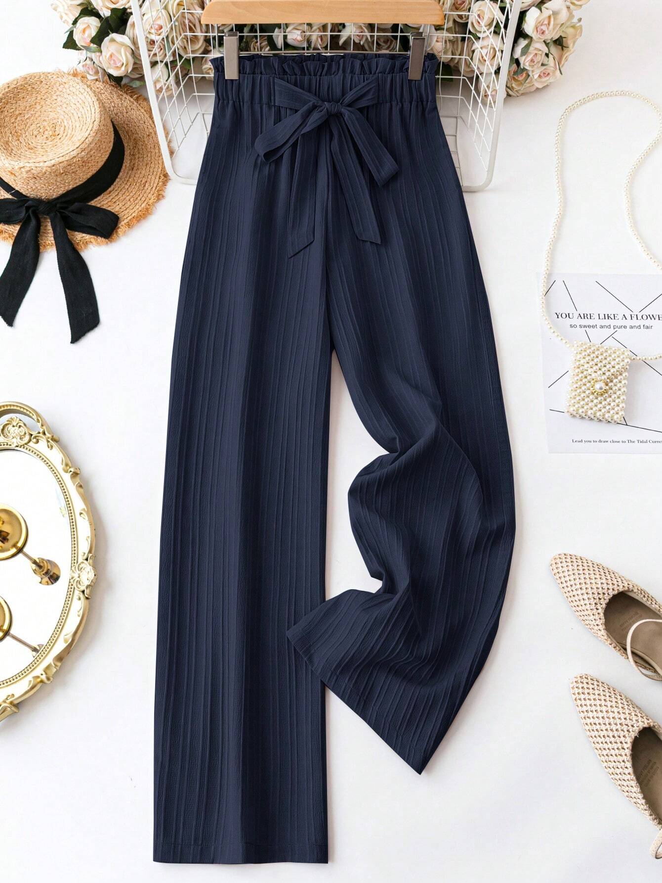 LUNE Ladies Solid Color Belted Casual Long Pants For Daily Wear,Casual