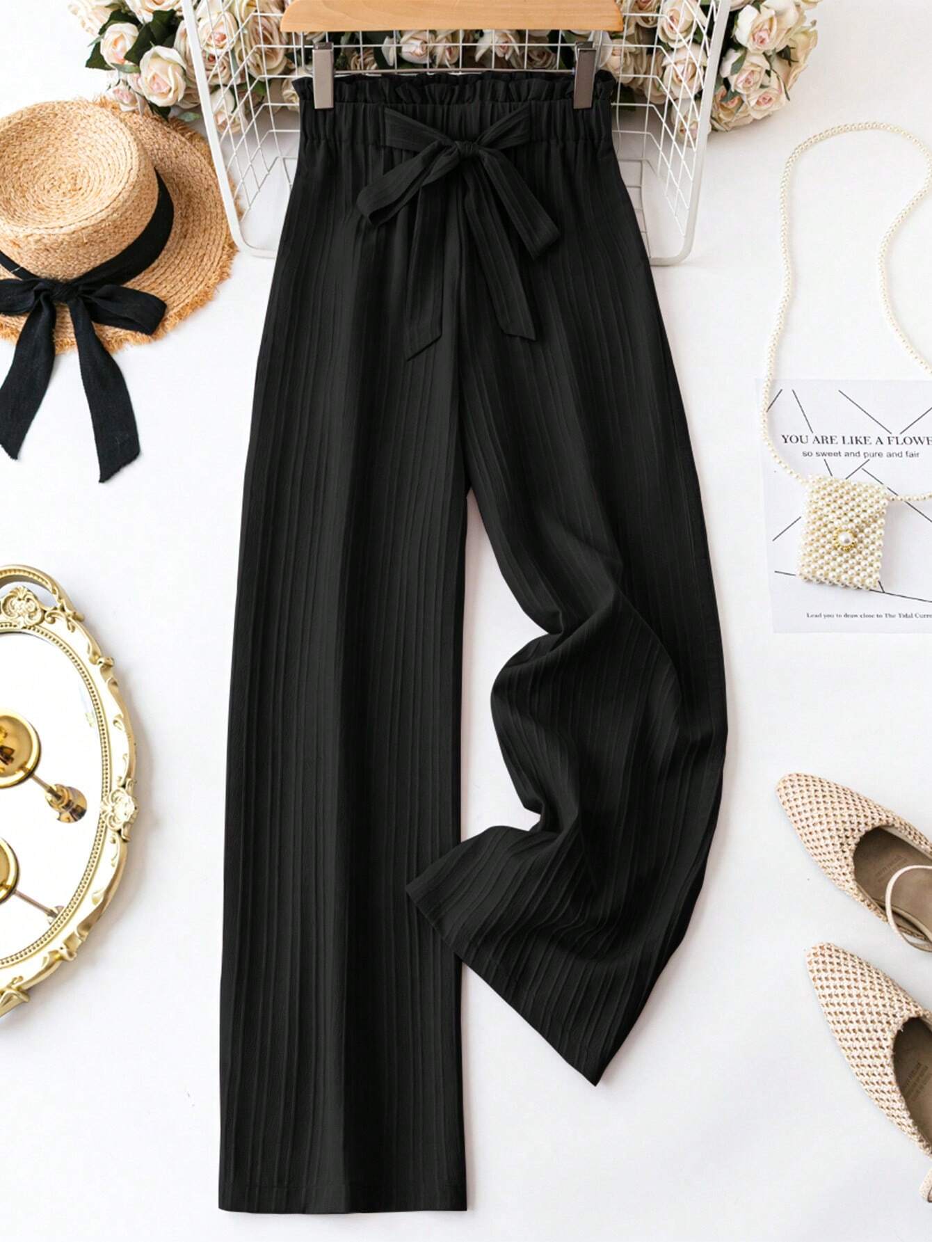 LUNE Ladies Solid Color Belted Casual Long Pants For Daily Wear,Casual