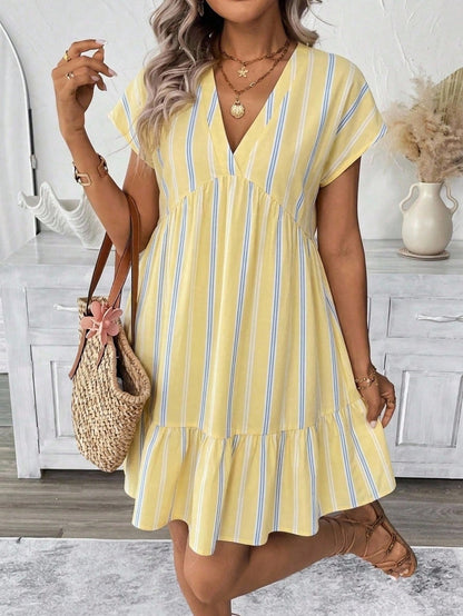LUNE Light Yellow Striped Print V-Neck Short Dress For Women Beach Holiday Vacation Summer Tropical