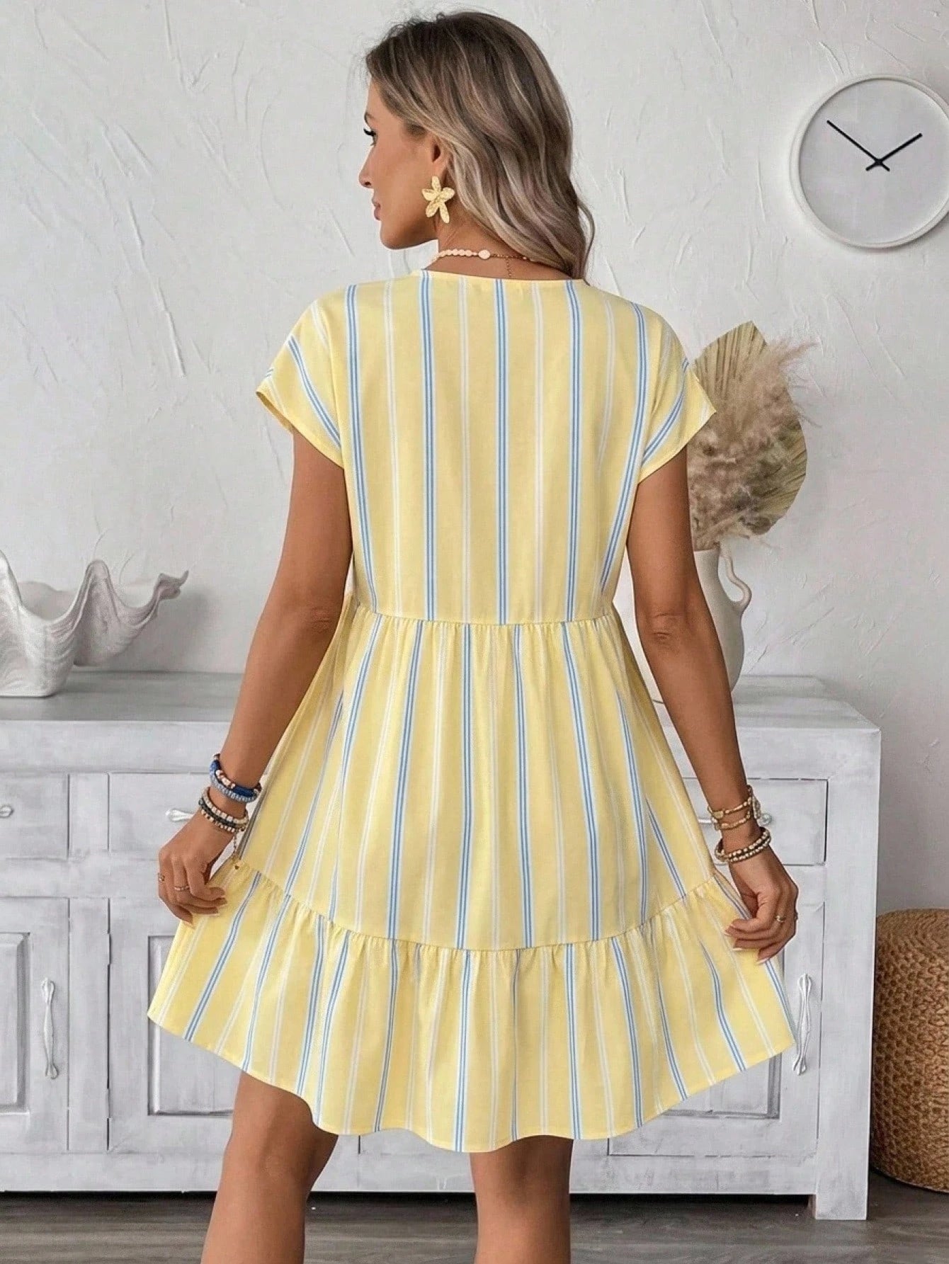 LUNE Light Yellow Striped Print V-Neck Short Dress For Women Beach Holiday Vacation Summer Tropical