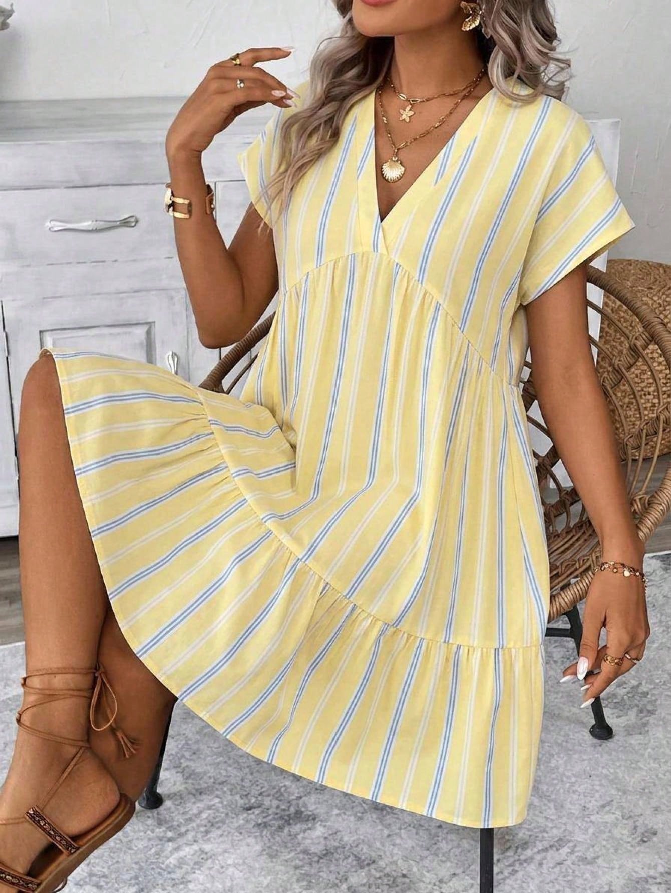 LUNE Light Yellow Striped Print V-Neck Short Dress For Women Beach Holiday Vacation Summer Tropical
