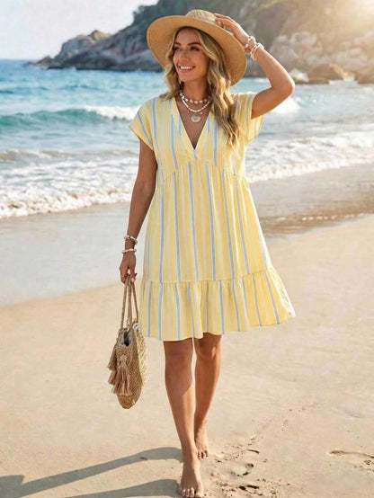 LUNE Light Yellow Striped Print V-Neck Short Dress For Women Beach Holiday Vacation Summer Tropical