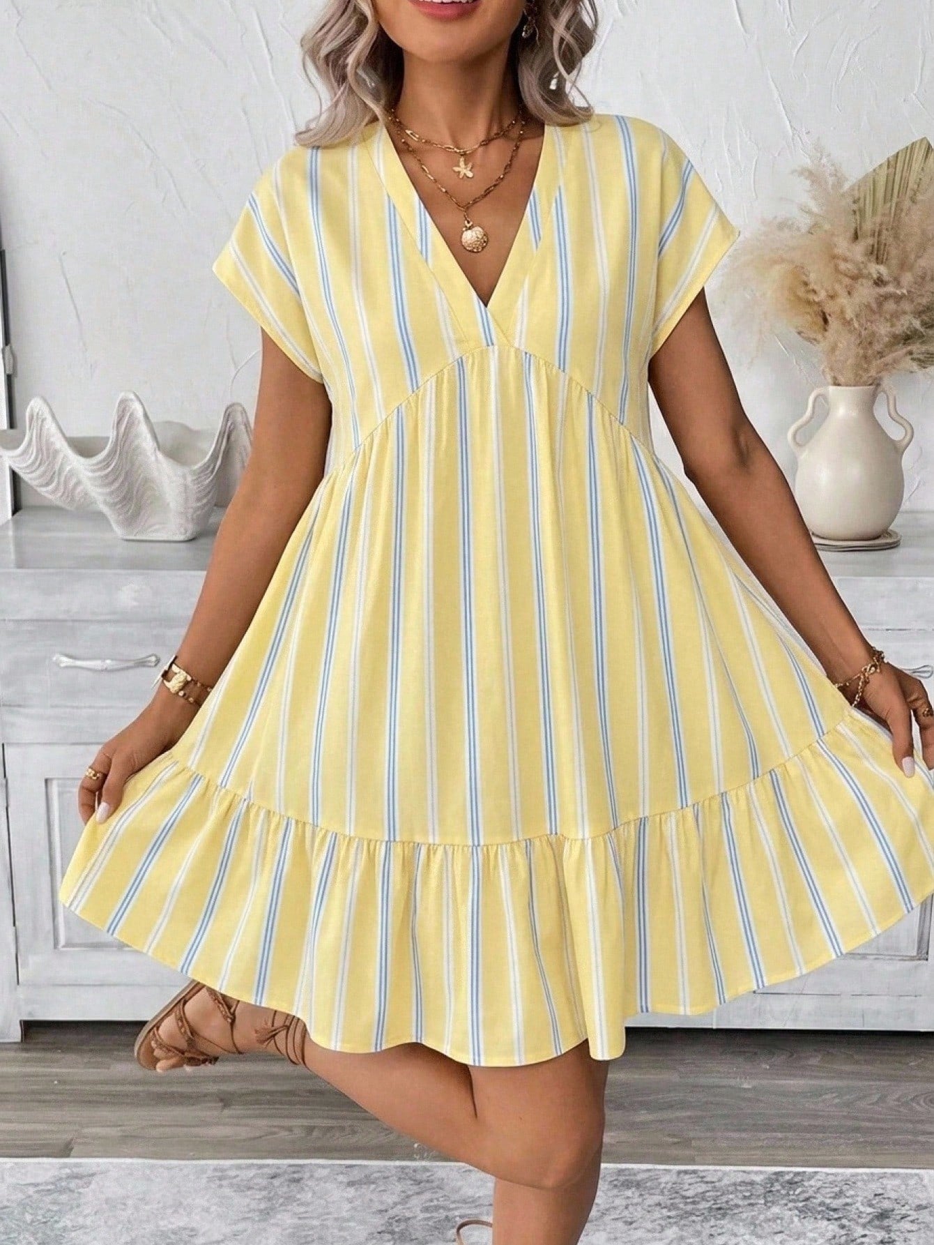 LUNE Light Yellow Striped Print V-Neck Short Dress For Women Beach Holiday Vacation Summer Tropical