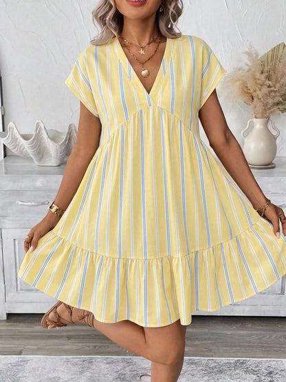 LUNE Light Yellow Striped Print V-Neck Short Dress For Women Beach Holiday Vacation Summer Tropical