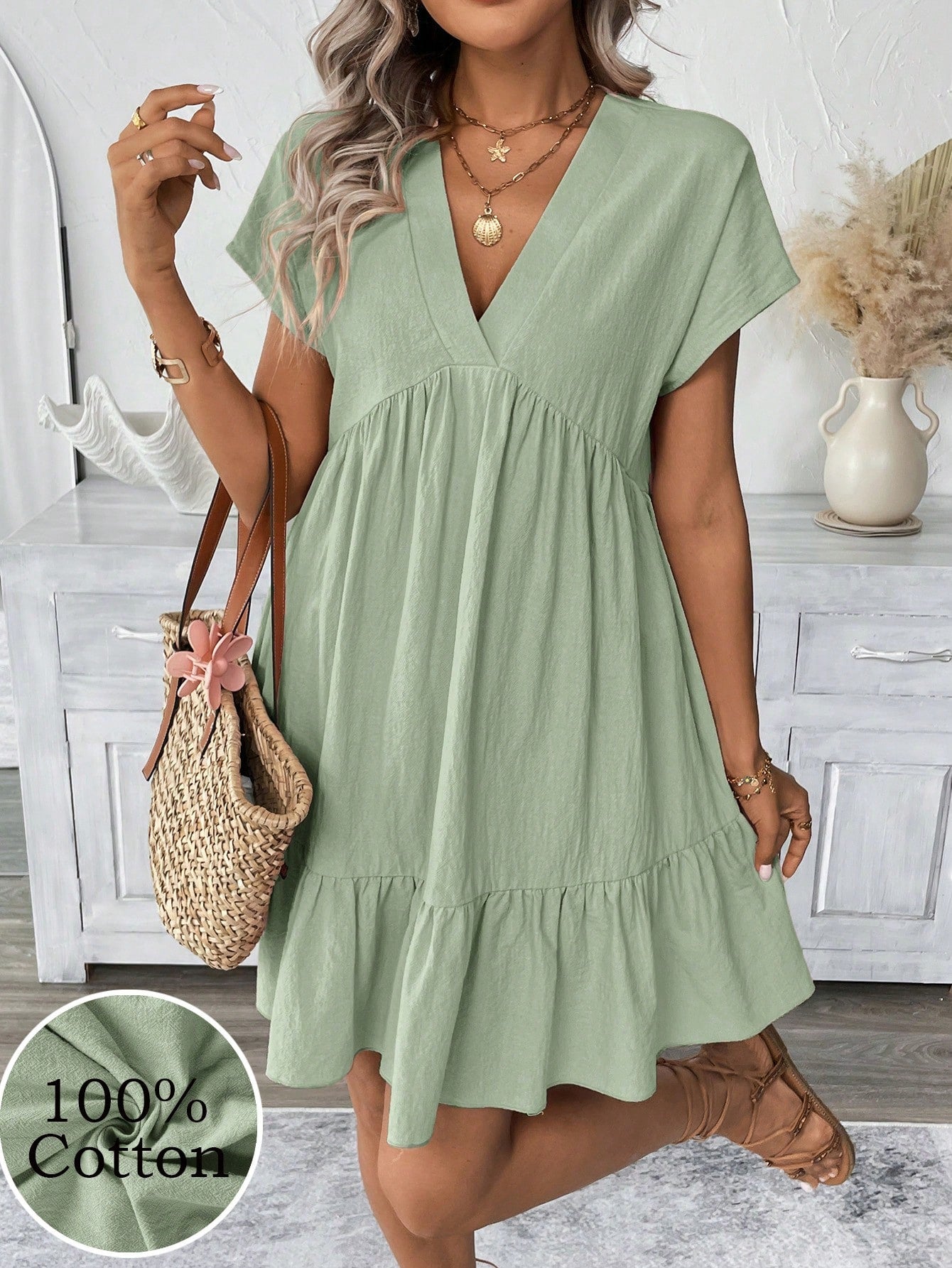LUNE Light Yellow Striped Print V-Neck Short Dress For Women Beach Holiday Vacation Summer Tropical