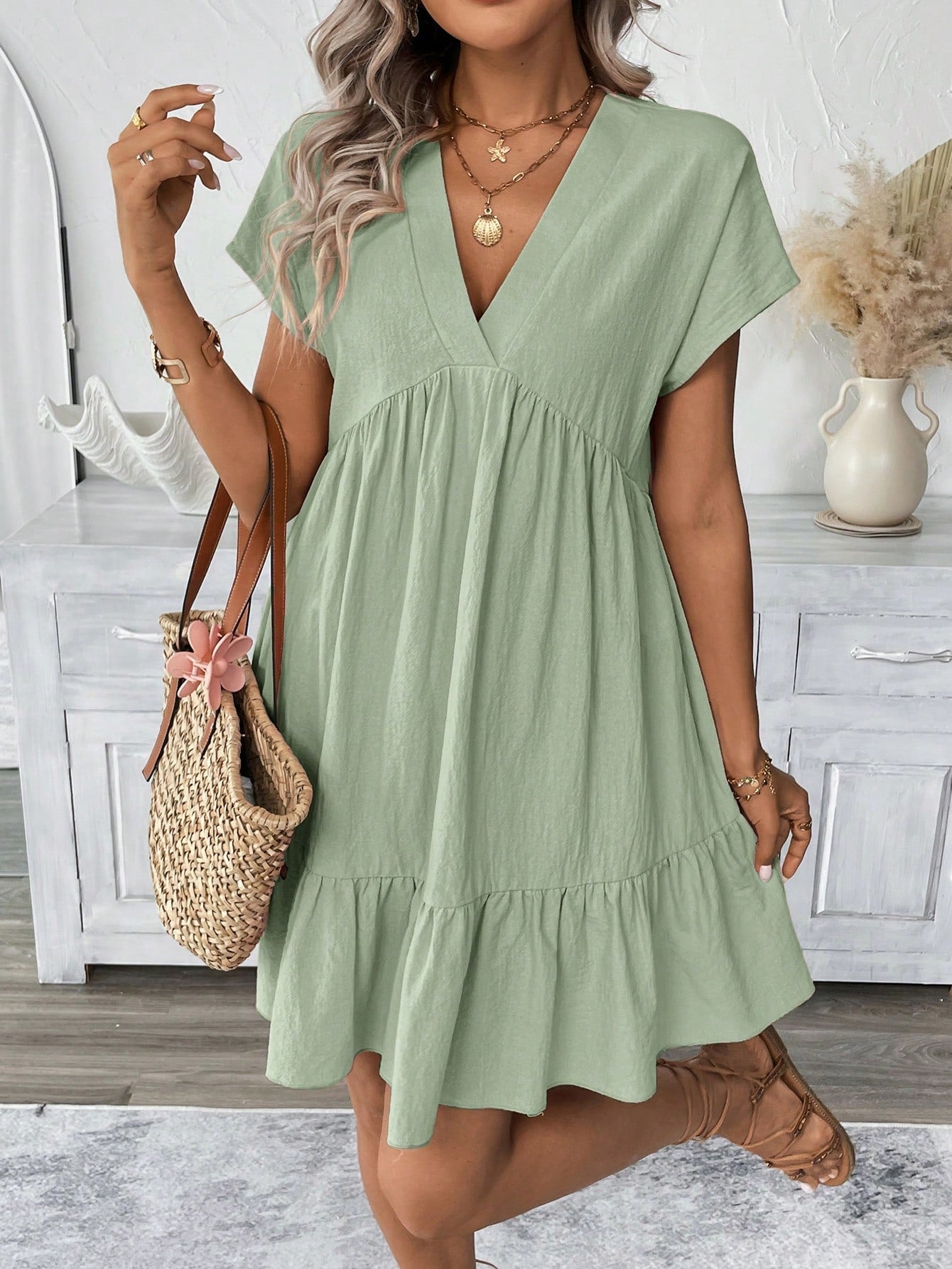 LUNE Light Yellow Striped Print V-Neck Short Dress For Women Beach Holiday Vacation Summer Tropical