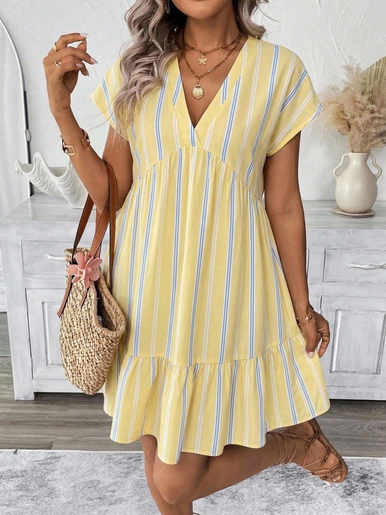 LUNE Light Yellow Striped Print V-Neck Short Dress For Women Beach Holiday Vacation Summer Tropical