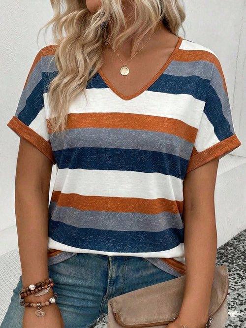 LUNE New Plus Size Women's Fashion Printed Striped V-Neck Versatile Colorful Retro Short Sleeve T-Shirt