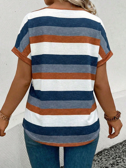 LUNE New Plus Size Women's Fashion Printed Striped V-Neck Versatile Colorful Retro Short Sleeve T-Shirt