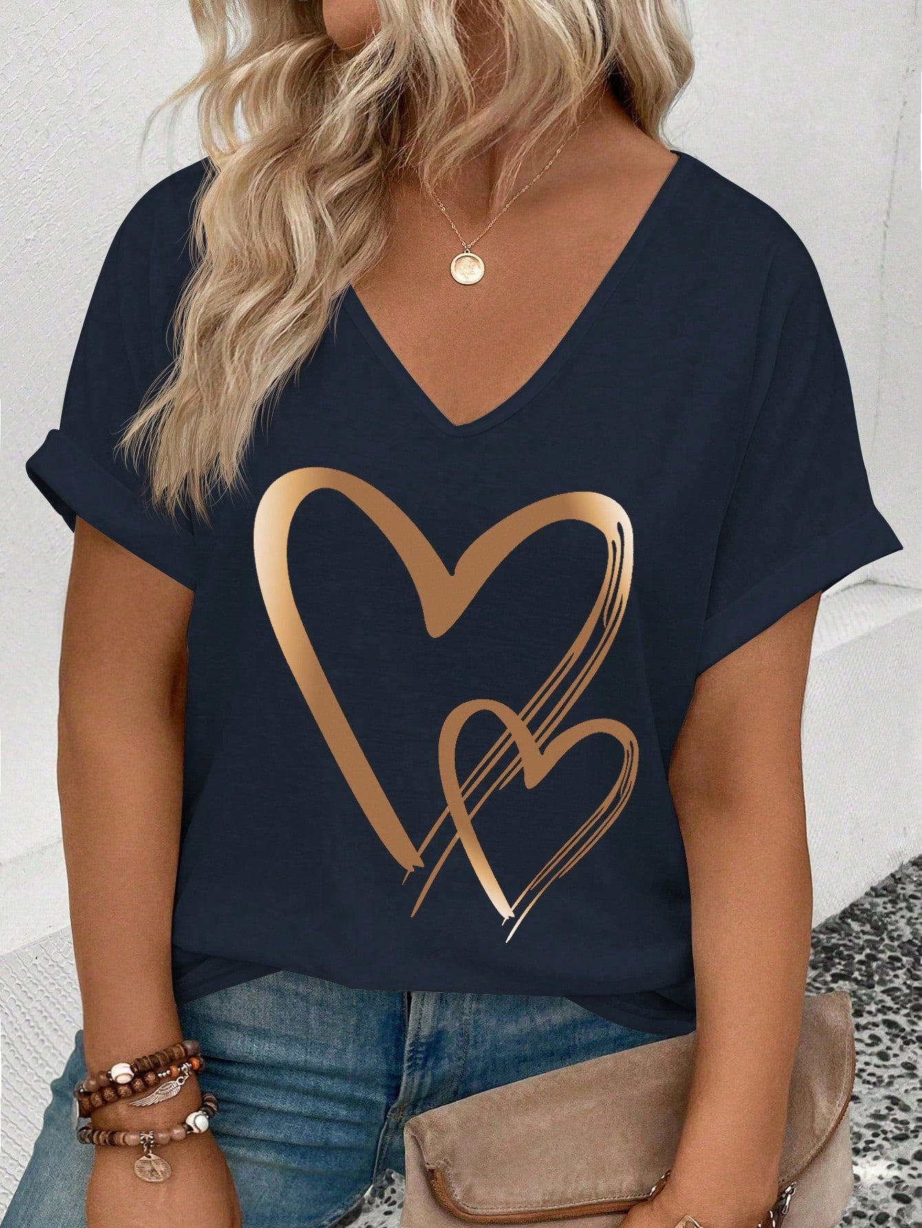 LUNE New Plus Size Women's Fashion Printed Striped V-Neck Versatile Colorful Retro Short Sleeve T-Shirt