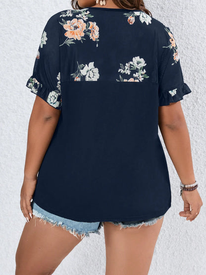 LUNE Plus Floral Print Flounce Sleeve Tee Graphic Tees Women Tops