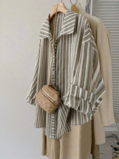 LUNE Plus Size Women's Striped Print Long Sleeve Shirt,Casual Loose Comfy Blouse For Autumn,Smart Casual,Office,White Sequence,Thanksgiving Holiday Wear