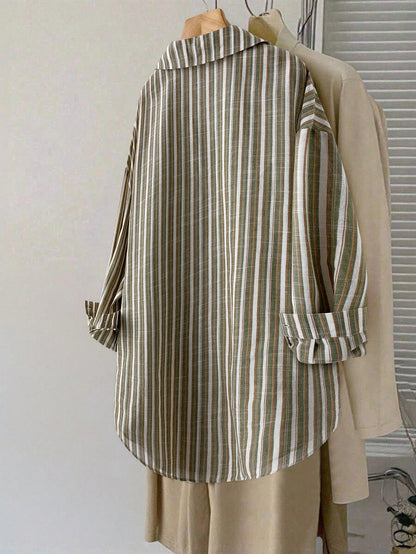LUNE Plus Size Women's Striped Print Long Sleeve Shirt,Casual Loose Comfy Blouse For Autumn,Smart Casual,Office,White Sequence,Thanksgiving Holiday Wear