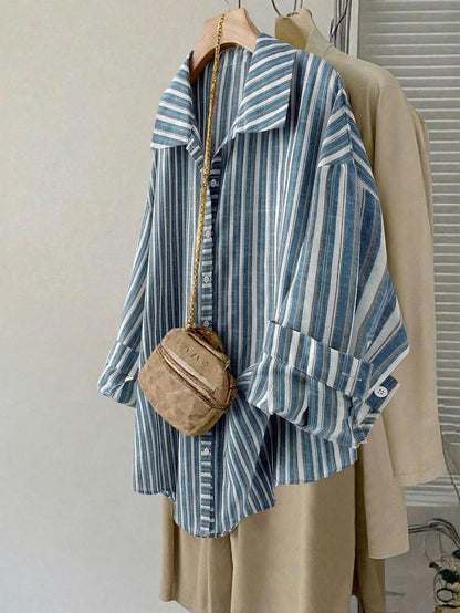 LUNE Plus Size Women's Striped Print Long Sleeve Shirt,Casual Loose Comfy Blouse For Autumn,Smart Casual,Office,White Sequence,Thanksgiving Holiday Wear