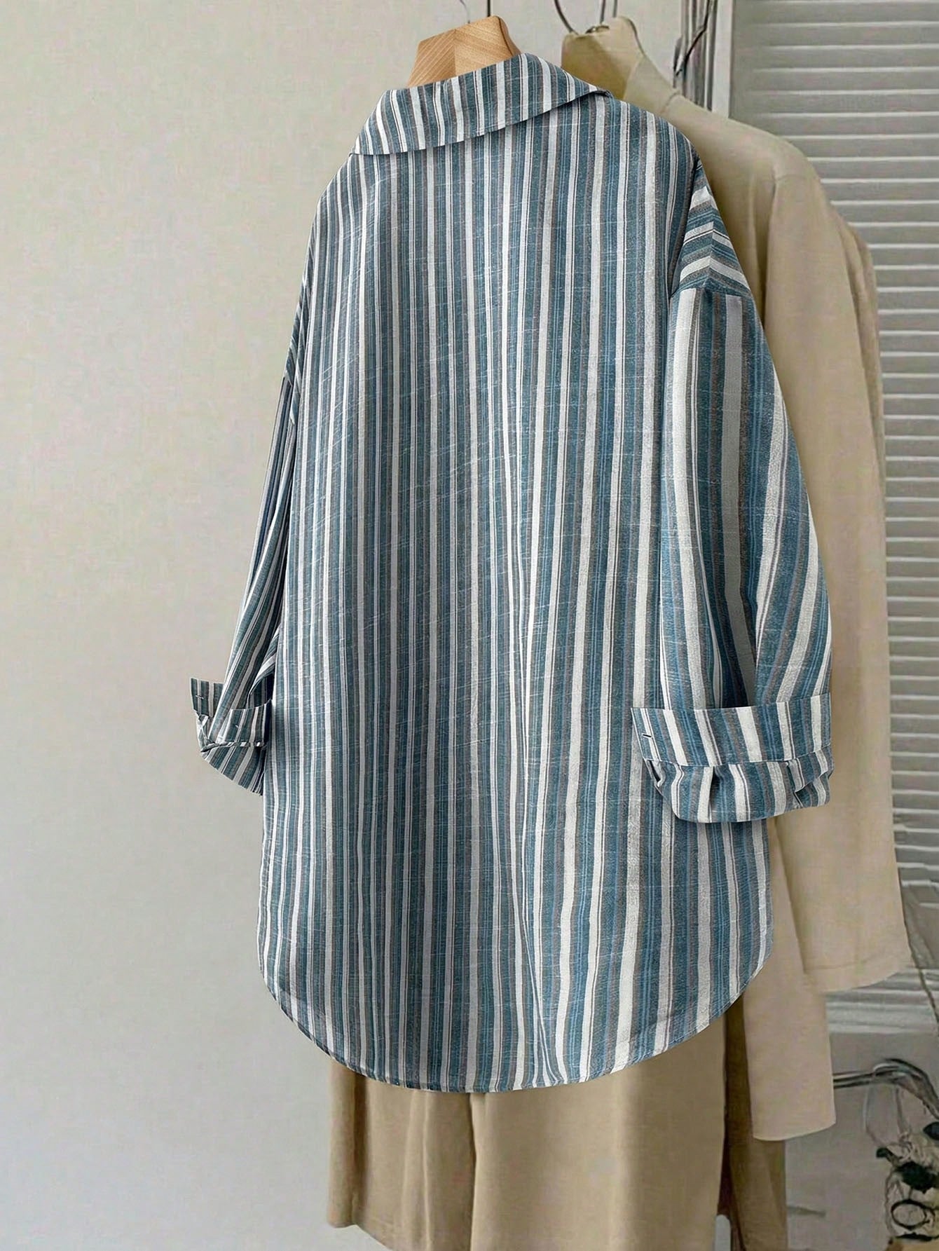 LUNE Plus Size Women's Striped Print Long Sleeve Shirt,Casual Loose Comfy Blouse For Autumn,Smart Casual,Office,White Sequence,Thanksgiving Holiday Wear