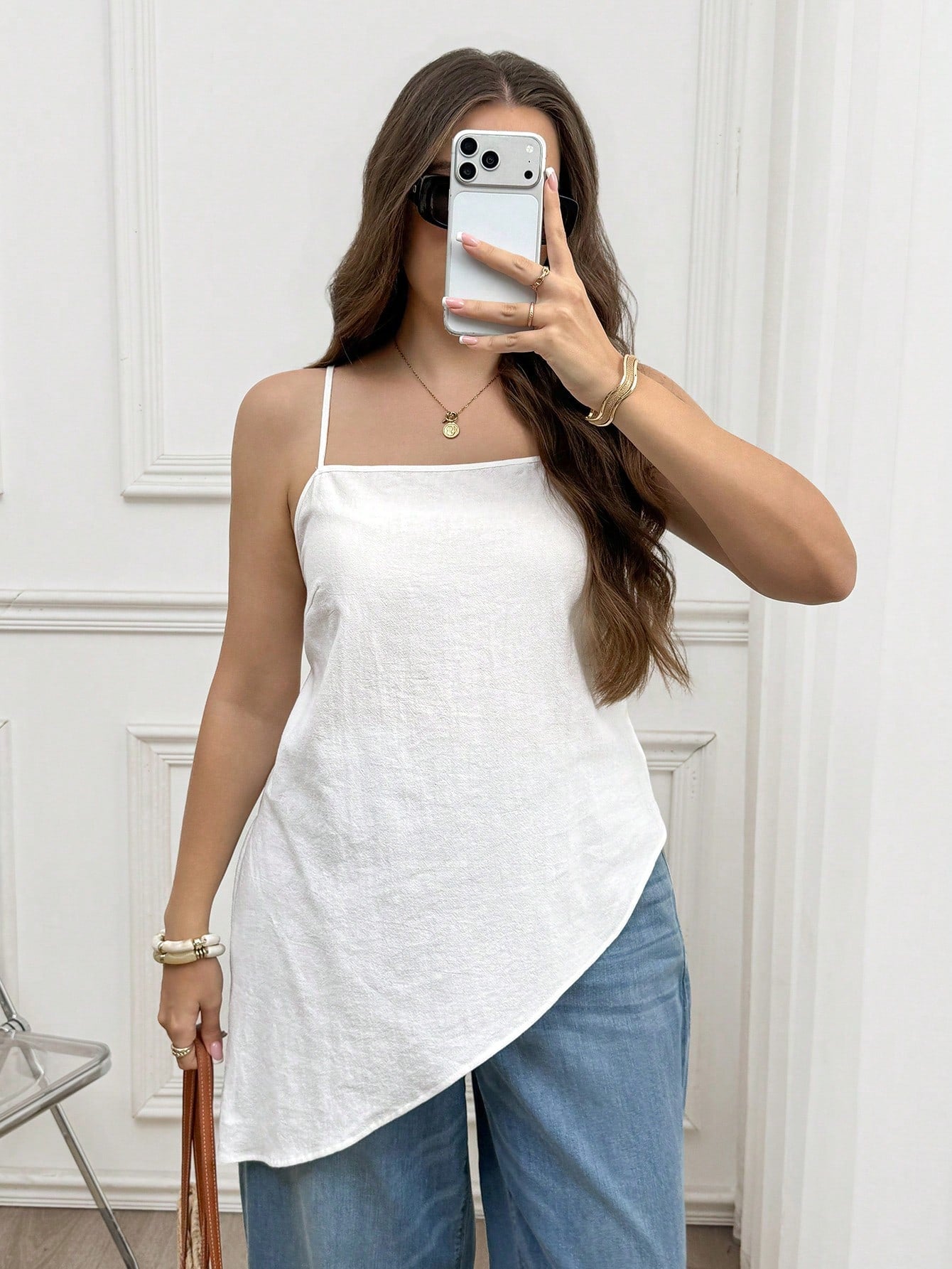 LUNE Plus Size Women's Textured Solid Color Asymmetrical Hem Camisole Tank Top Vacation White Summer Casual White Top Vacation