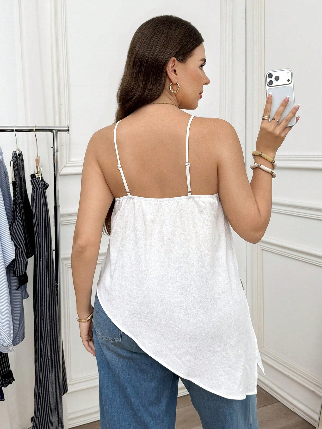LUNE Plus Size Women's Textured Solid Color Asymmetrical Hem Camisole Tank Top Vacation White Summer Casual White Top Vacation