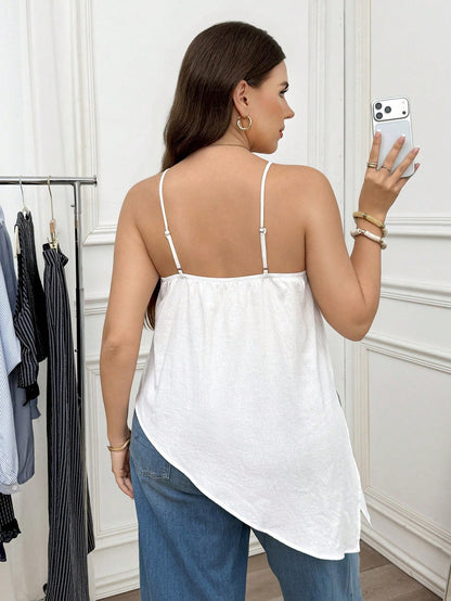 LUNE Plus Size Women's Textured Solid Color Asymmetrical Hem Camisole Tank Top Vacation White Summer Casual White Top Vacation