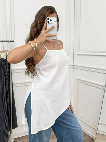 LUNE Plus Size Women's Textured Solid Color Asymmetrical Hem Camisole Tank Top Vacation White Summer Casual White Top Vacation
