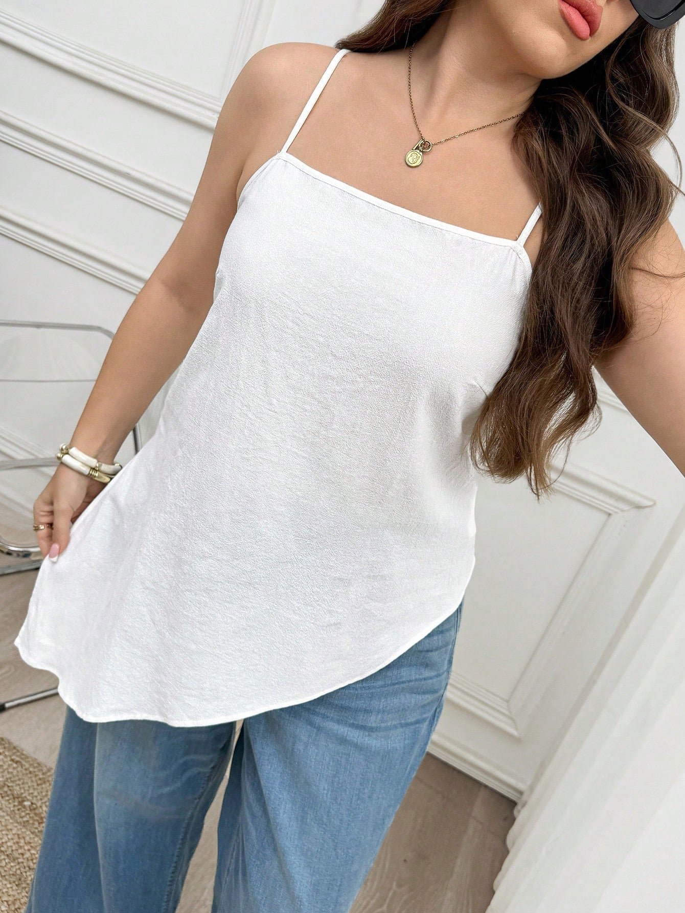 LUNE Plus Size Women's Textured Solid Color Asymmetrical Hem Camisole Tank Top Vacation White Summer Casual White Top Vacation