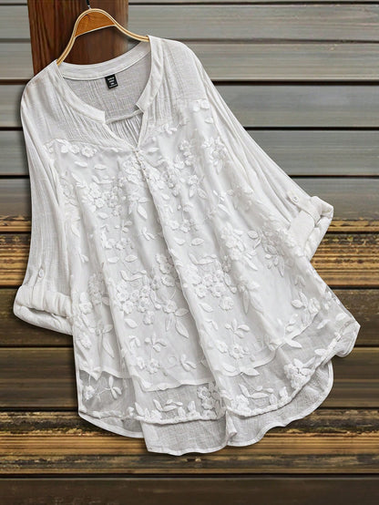 LUNE Plus Size Women V-Neck Applique Casual Versatile Daily Wear Shirt Fall