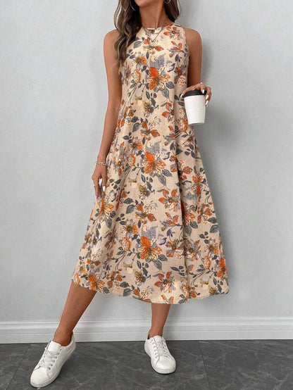 LUNE Round Neck Sleeveless Flared Hem Retro Floral Print Casual Elegant Midi Dress,Vacation Outfits Women