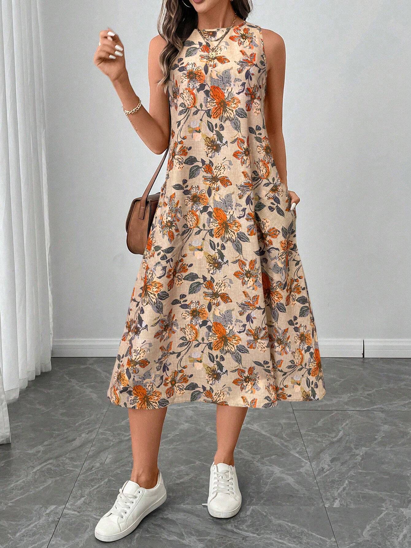 LUNE Round Neck Sleeveless Flared Hem Retro Floral Print Casual Elegant Midi Dress,Vacation Outfits Women