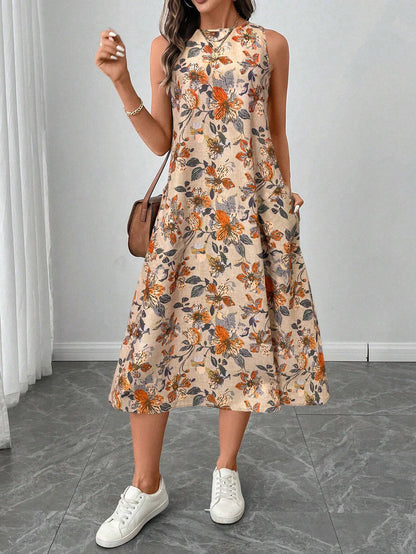 LUNE Round Neck Sleeveless Flared Hem Retro Floral Print Casual Elegant Midi Dress,Vacation Outfits Women
