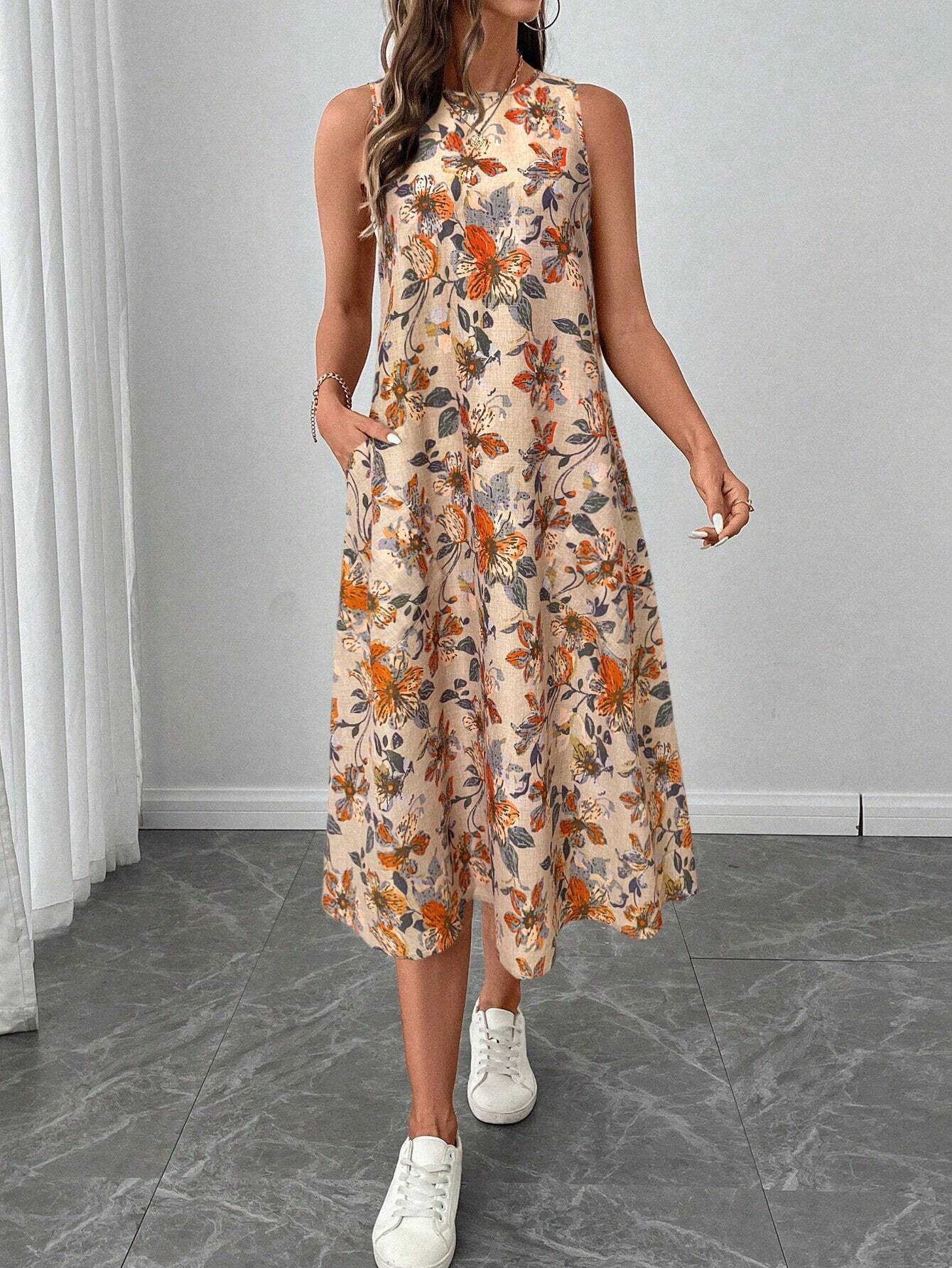 LUNE Round Neck Sleeveless Flared Hem Retro Floral Print Casual Elegant Midi Dress,Vacation Outfits Women