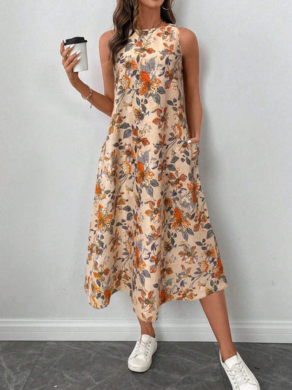 LUNE Round Neck Sleeveless Flared Hem Retro Floral Print Casual Elegant Midi Dress,Vacation Outfits Women