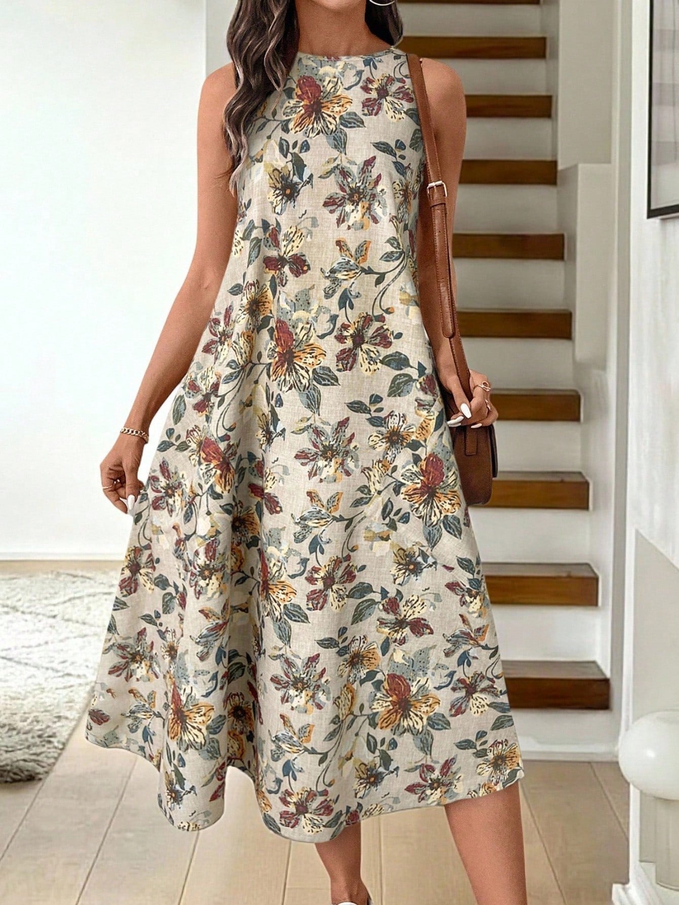 LUNE Round Neck Sleeveless Flared Hem Retro Floral Print Casual Elegant Midi Dress,Vacation Outfits Women